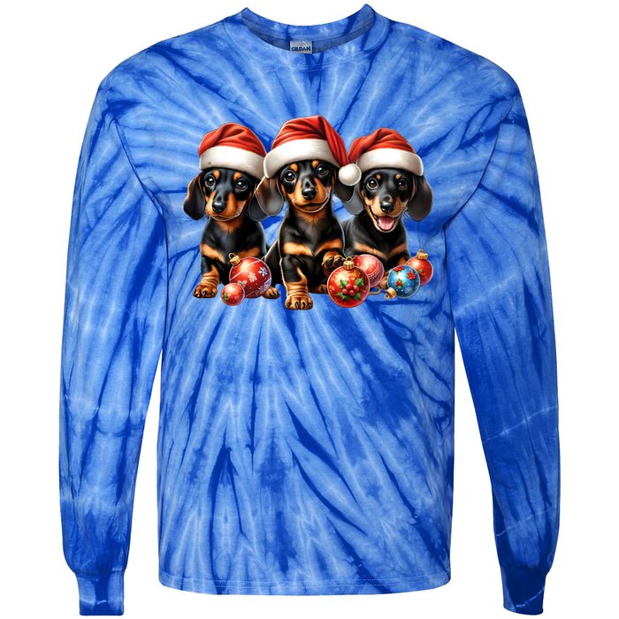 Cute Christmas Doxie Puppies In Santa Hats And Xmas Ornats Gift Tie-Dye Long Sleeve Shirt