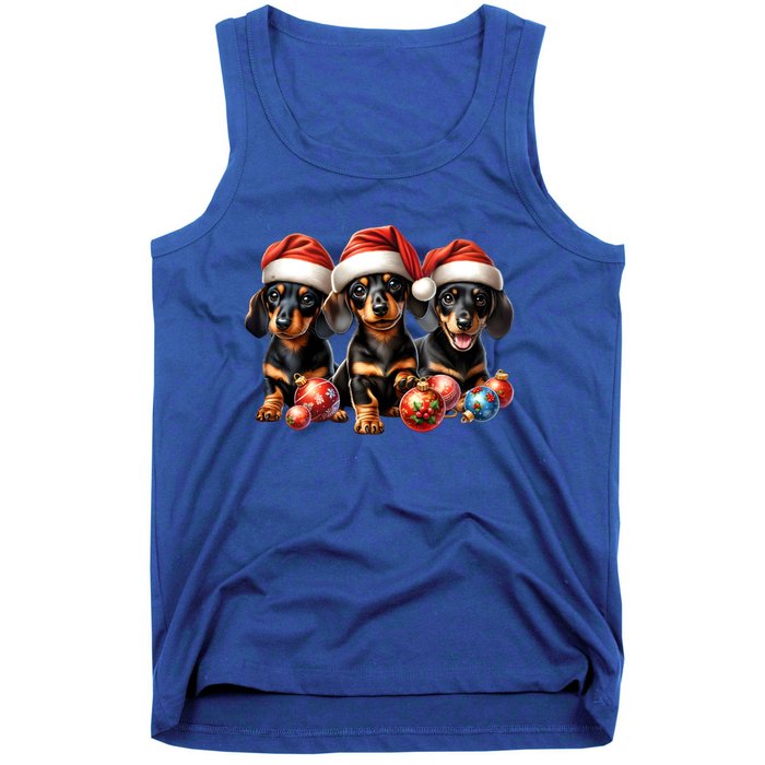 Cute Christmas Doxie Puppies In Santa Hats And Xmas Ornats Gift Tank Top