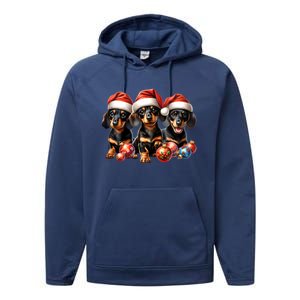 Cute Christmas Doxie Puppies In Santa Hats And Xmas Ornats Gift Performance Fleece Hoodie