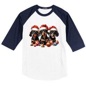 Cute Christmas Doxie Puppies In Santa Hats And Xmas Ornats Gift Baseball Sleeve Shirt