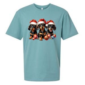 Cute Christmas Doxie Puppies In Santa Hats And Xmas Ornats Gift Sueded Cloud Jersey T-Shirt