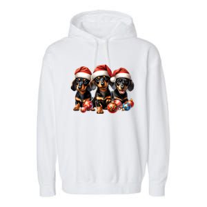 Cute Christmas Doxie Puppies In Santa Hats And Xmas Ornats Gift Garment-Dyed Fleece Hoodie