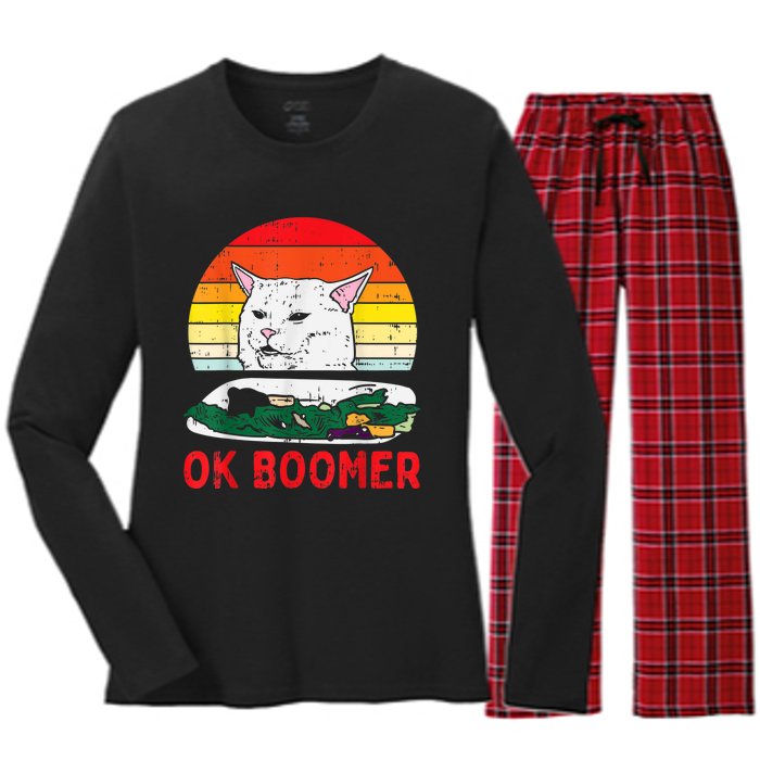 Confused Cat Dinner Table Ok Boomer Funny Meme Lover Gift Women's Long Sleeve Flannel Pajama Set 