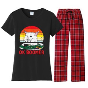 Confused Cat Dinner Table Ok Boomer Funny Meme Lover Gift Women's Flannel Pajama Set