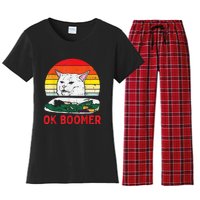 Confused Cat Dinner Table Ok Boomer Funny Meme Lover Gift Women's Flannel Pajama Set