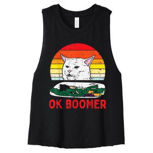 Confused Cat Dinner Table Ok Boomer Funny Meme Lover Gift Women's Racerback Cropped Tank