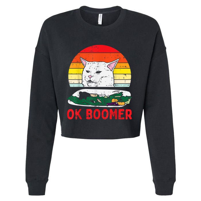 Confused Cat Dinner Table Ok Boomer Funny Meme Lover Gift Cropped Pullover Crew