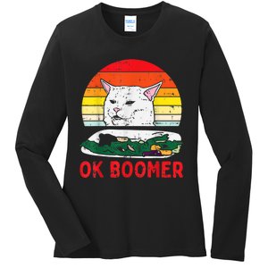 Confused Cat Dinner Table Ok Boomer Funny Meme Lover Gift Ladies Long Sleeve Shirt