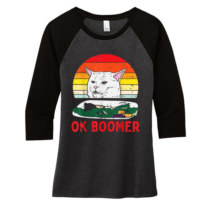 Confused Cat Dinner Table Ok Boomer Funny Meme Lover Gift Women's Tri-Blend 3/4-Sleeve Raglan Shirt