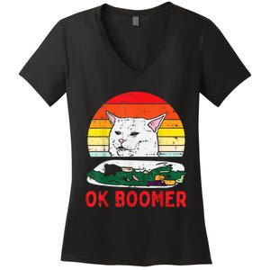 Confused Cat Dinner Table Ok Boomer Funny Meme Lover Gift Women's V-Neck T-Shirt