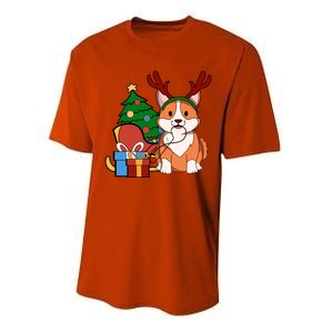 Cute Corgi Dog Santa Reindeer Christmas Gift Trees Sleigh Funny Gift Performance Sprint T-Shirt