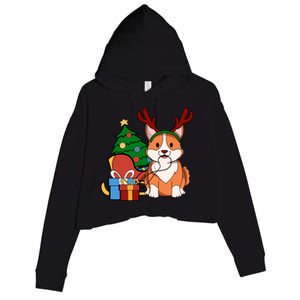 Cute Corgi Dog Santa Reindeer Christmas Gift Trees Sleigh Funny Gift Crop Fleece Hoodie