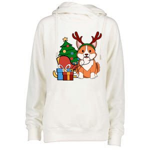 Cute Corgi Dog Santa Reindeer Christmas Gift Trees Sleigh Funny Gift Womens Funnel Neck Pullover Hood