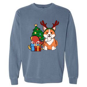 Cute Corgi Dog Santa Reindeer Christmas Gift Trees Sleigh Funny Gift Garment-Dyed Sweatshirt