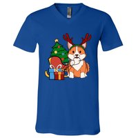 Cute Corgi Dog Santa Reindeer Christmas Gift Trees Sleigh Funny Gift V-Neck T-Shirt