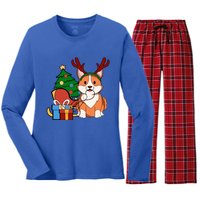 Cute Corgi Dog Santa Reindeer Christmas Gift Trees Sleigh Funny Gift Women's Long Sleeve Flannel Pajama Set 