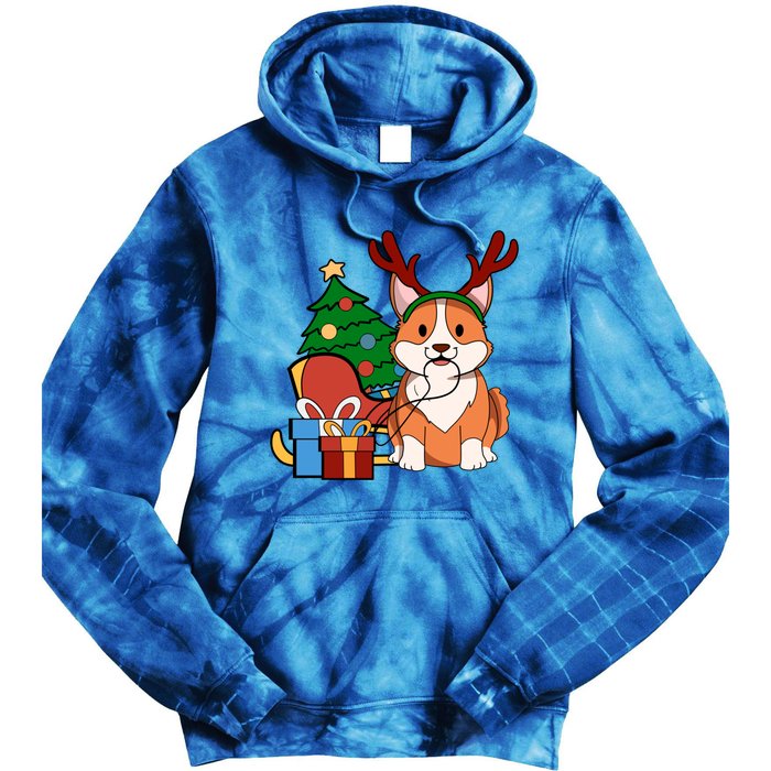 Cute Corgi Dog Santa Reindeer Christmas Gift Trees Sleigh Funny Gift Tie Dye Hoodie