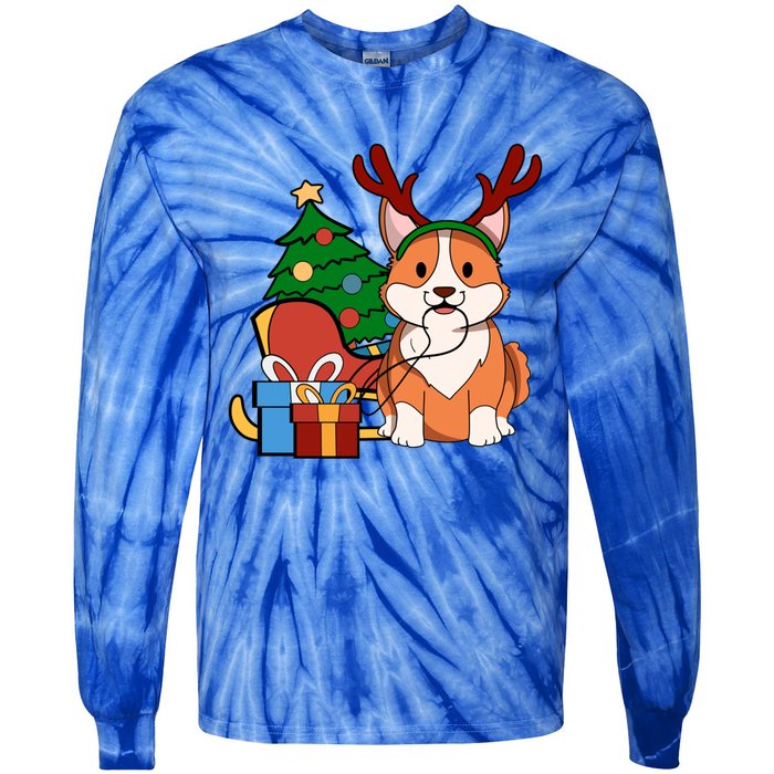 Cute Corgi Dog Santa Reindeer Christmas Gift Trees Sleigh Funny Gift Tie-Dye Long Sleeve Shirt