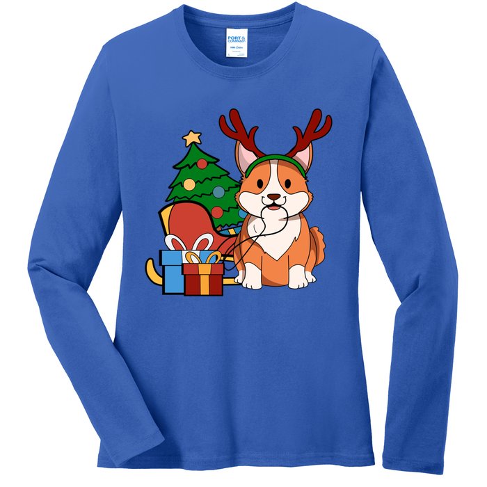 Cute Corgi Dog Santa Reindeer Christmas Gift Trees Sleigh Funny Gift Ladies Long Sleeve Shirt