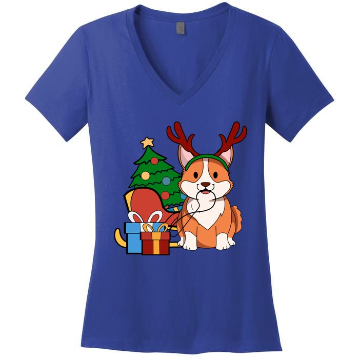 Cute Corgi Dog Santa Reindeer Christmas Gift Trees Sleigh Funny Gift Women's V-Neck T-Shirt