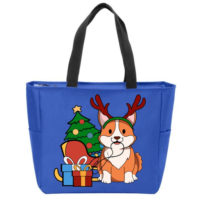 Cute Corgi Dog Santa Reindeer Christmas Gift Trees Sleigh Funny Gift Zip Tote Bag