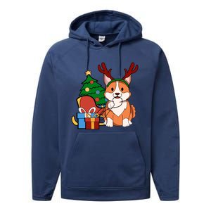 Cute Corgi Dog Santa Reindeer Christmas Gift Trees Sleigh Funny Gift Performance Fleece Hoodie