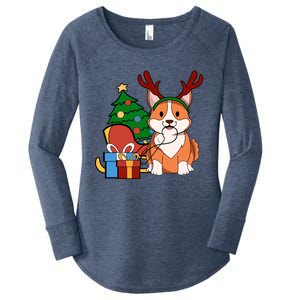 Cute Corgi Dog Santa Reindeer Christmas Gift Trees Sleigh Funny Gift Women's Perfect Tri Tunic Long Sleeve Shirt