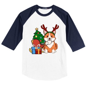 Cute Corgi Dog Santa Reindeer Christmas Gift Trees Sleigh Funny Gift Baseball Sleeve Shirt