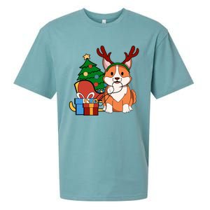 Cute Corgi Dog Santa Reindeer Christmas Gift Trees Sleigh Funny Gift Sueded Cloud Jersey T-Shirt