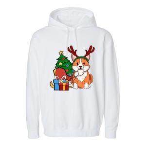 Cute Corgi Dog Santa Reindeer Christmas Gift Trees Sleigh Funny Gift Garment-Dyed Fleece Hoodie