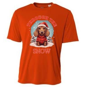 Cute Christmas Dachshund Dog Through The Snow Xmas Holiday Gift Cooling Performance Crew T-Shirt