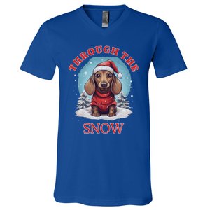 Cute Christmas Dachshund Dog Through The Snow Xmas Holiday Gift V-Neck T-Shirt