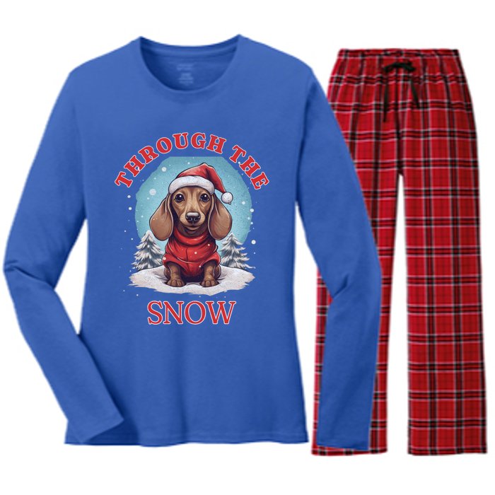 Cute Christmas Dachshund Dog Through The Snow Xmas Holiday Gift Women's Long Sleeve Flannel Pajama Set 