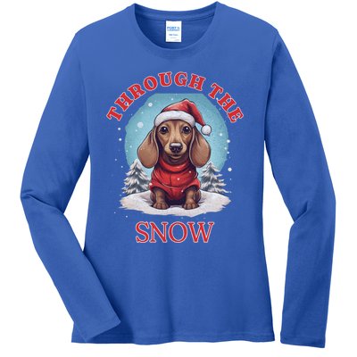 Cute Christmas Dachshund Dog Through The Snow Xmas Holiday Gift Ladies Long Sleeve Shirt