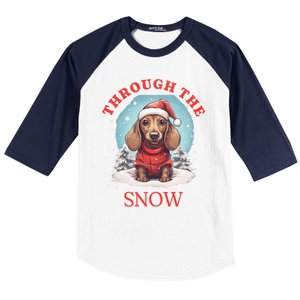 Cute Christmas Dachshund Dog Through The Snow Xmas Holiday Gift Baseball Sleeve Shirt