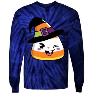 Candy Corn Emoticon Winky Face Witch Funny Halloween Tie-Dye Long Sleeve Shirt