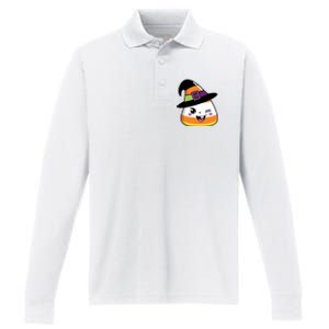 Candy Corn Emoticon Winky Face Witch Funny Halloween Performance Long Sleeve Polo