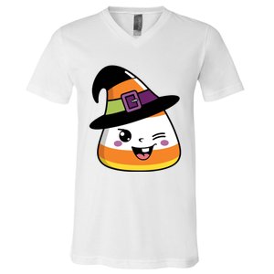 Candy Corn Emoticon Winky Face Witch Funny Halloween V-Neck T-Shirt