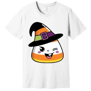 Candy Corn Emoticon Winky Face Witch Funny Halloween Premium T-Shirt