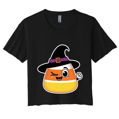 Candy Corn Emoticon Winky Face Witch Funny Halloween Crop Top