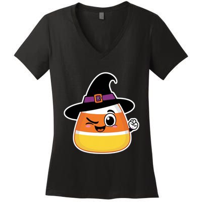 Candy Corn Emoticon Winky Face Witch Funny Halloween Women's V-Neck T-Shirt