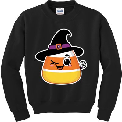 Candy Corn Emoticon Winky Face Witch Funny Halloween Kids Sweatshirt