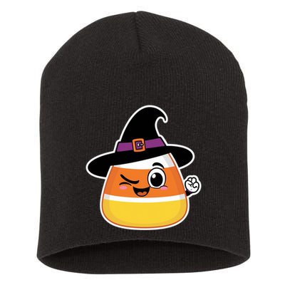 Candy Corn Emoticon Winky Face Witch Funny Halloween Short Acrylic Beanie