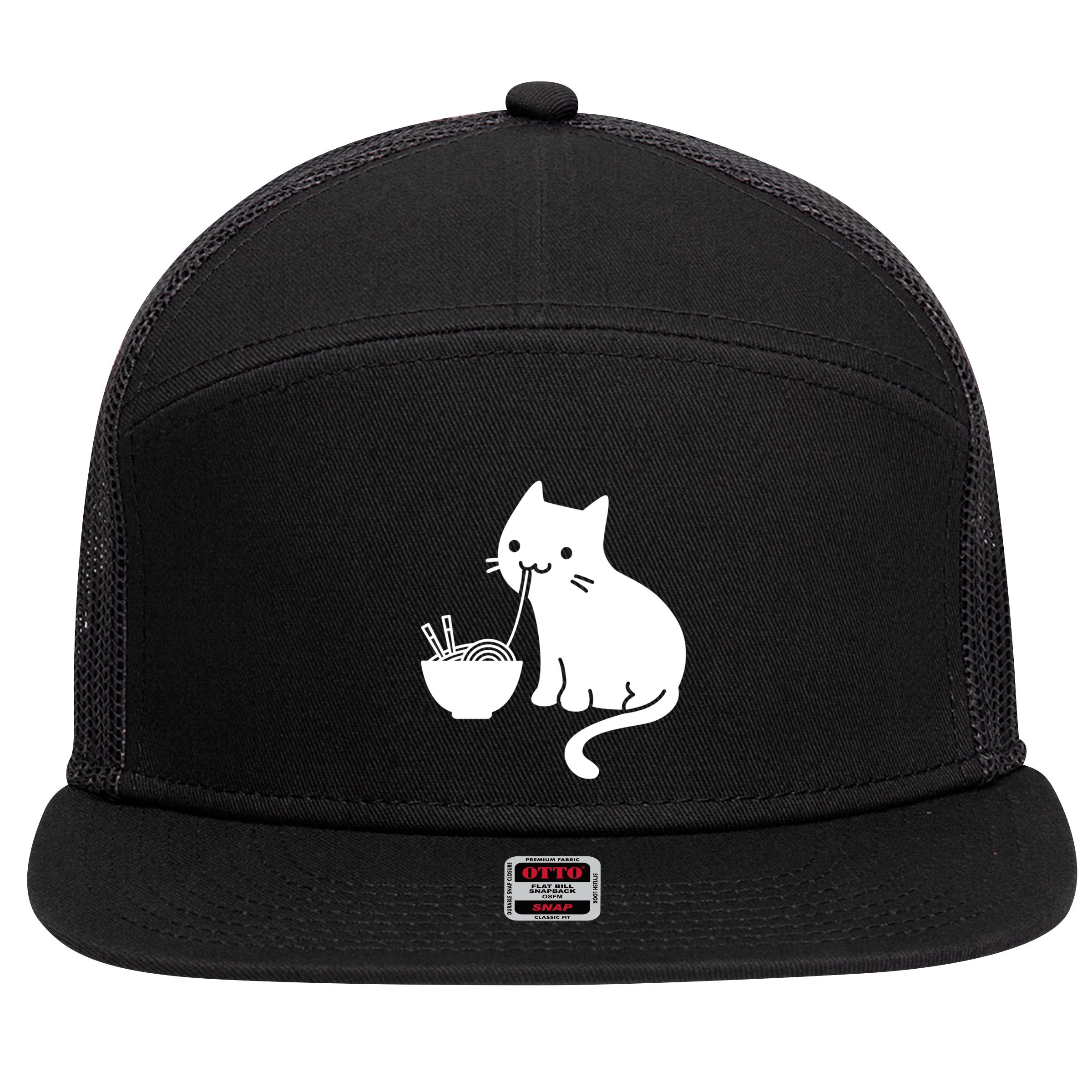 Cute Cat Eating Ramen 7 Panel Mesh Trucker Snapback Hat