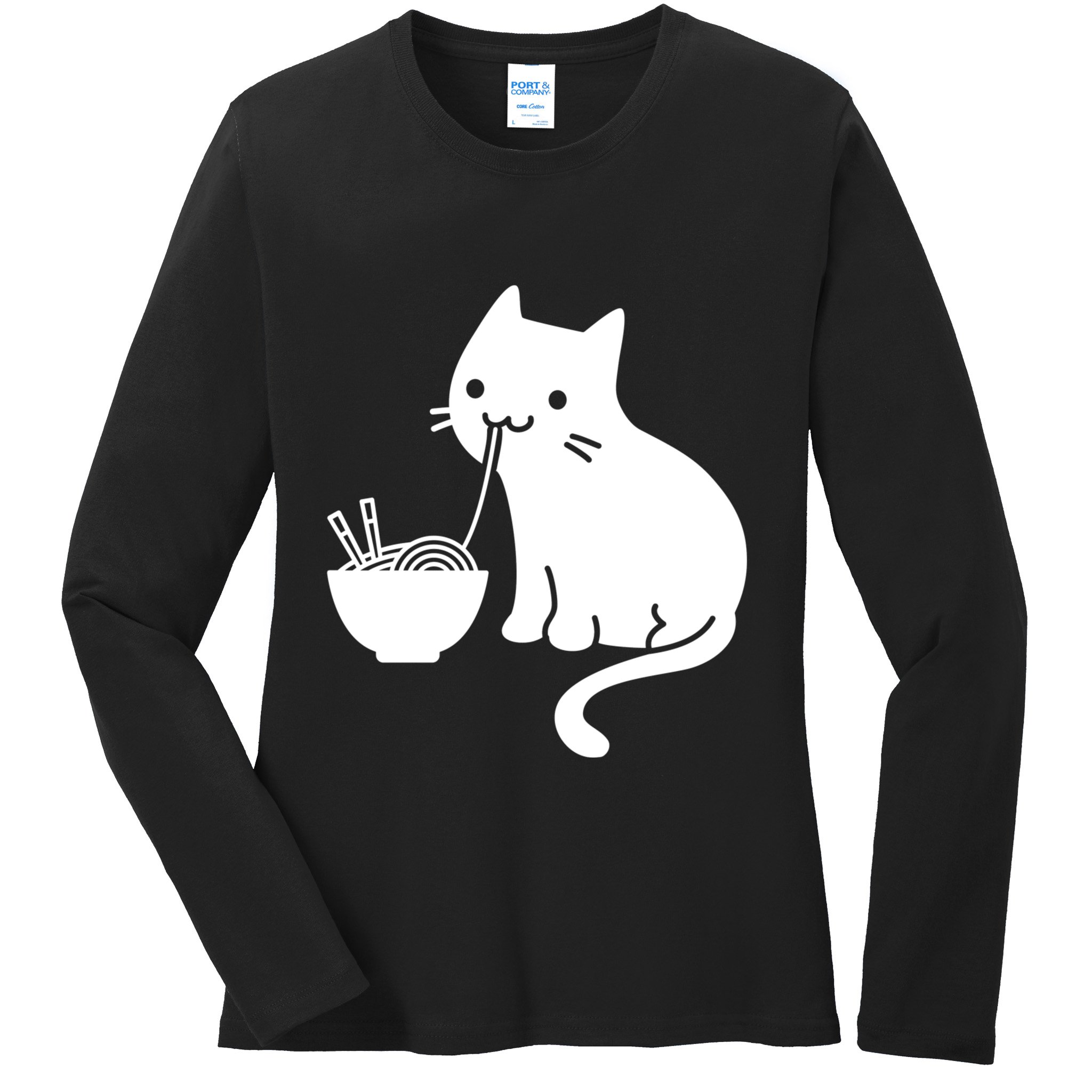 Cute Cat Eating Ramen Ladies Long Sleeve Shirt