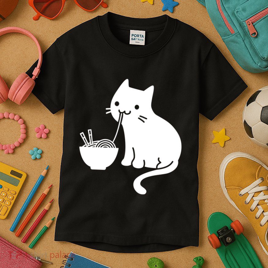 Cute Cat Eating Ramen Kids T-Shirt