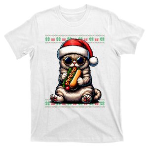 Christmas Cat Eating Hot Dogs Ugly Christmas T-Shirt