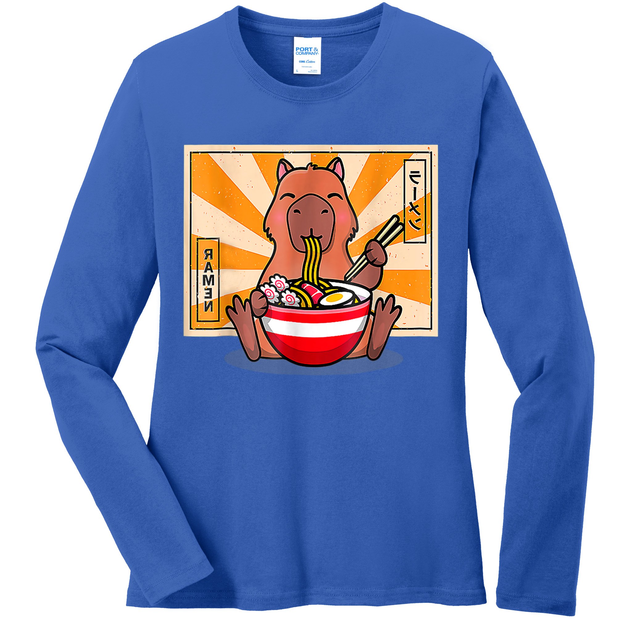 Cute Capybara Eating Ramen Funny Animal Anime Manga Ladies Long Sleeve Shirt