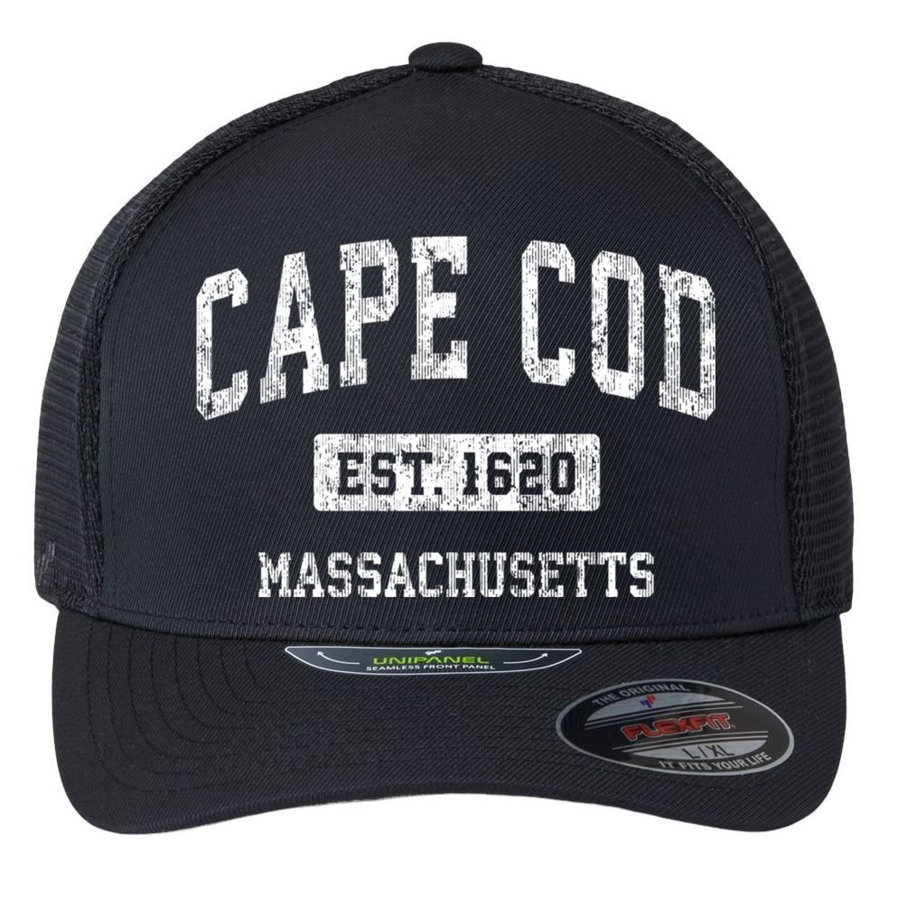 Cape Cod Est 1620 Massachusetts Ma Vintage Sports Established Design Flexfit Unipanel Trucker Cap