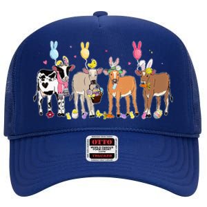 Cute Cow Easter Day Farm Animals Easter Eggs Bunny High Crown Mesh Back Trucker Hat